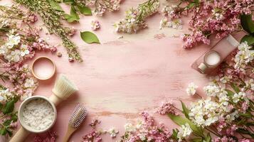 Beauty products on a pink wooden background photo