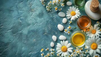 A bottle of essential oils and flowers on a blue background photo
