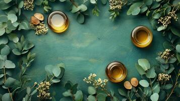 Eucalyptus leaves and oil on a green background photo
