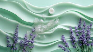 Lavender flowers and sea salt on a green background photo