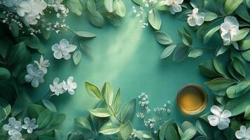 White flowers and green leaves on a blue background photo