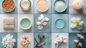 A collage of different types of bath products photo