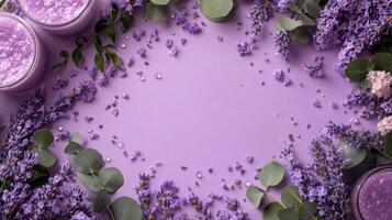 Lavender flowers and candles on a purple background photo