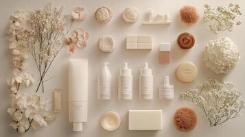 Various products arranged on a white surface photo