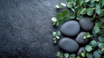 Spa stones and eucalyptus leaves on black stone background photo