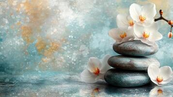 Stacked stones with white orchid flowers on a blue background photo