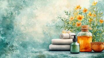 A painting of a bottle of oil, towels and flowers photo