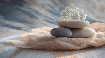 A stack of stones with a small plant on top photo
