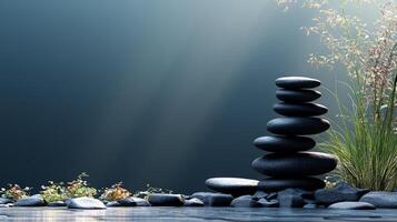 Zen stones and water in a pond with sunlight photo