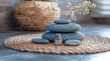 A stack of stones and a bottle of essential oil photo