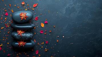Spa stones with flowers on a dark background photo