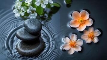 Two stones and flowers in water with a rock in the middle photo