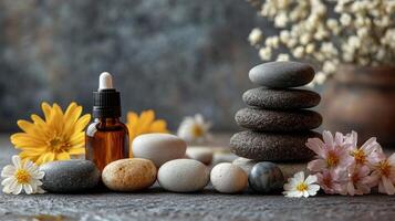 Stone stones and essential oil on a table photo