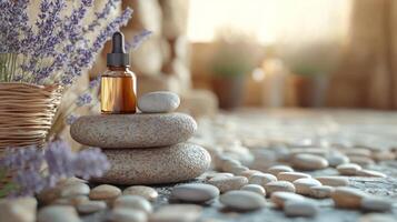 Lavender essential oil and stones on a stone table photo