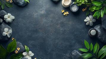 Spa stones, flowers and leaves on a dark background photo