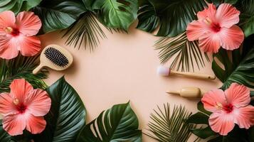 Tropical flowers and brushes on a beige background photo