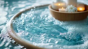 A bowl of water with candles and a wooden bowl photo