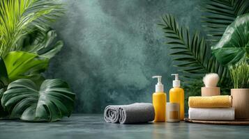 Green plants and towels on a table with towels and soap photo
