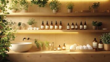 A bathroom with plants and shelves photo