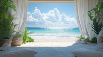 A room with white curtains and a view of the ocean photo