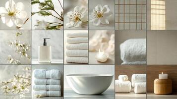 A collage of white towels, bath products and flowers photo