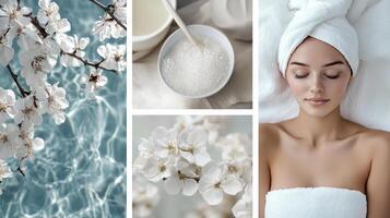 A collage of images with a woman in a towel, a bathtub and a white flower photo