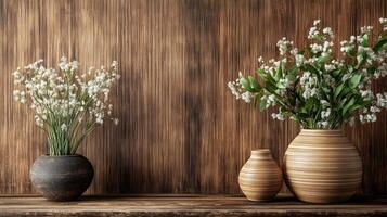 Two vases with flowers on a wooden table photo