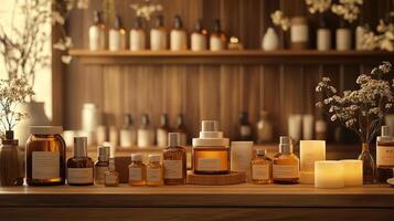 A wooden counter with bottles of perfume and candles photo