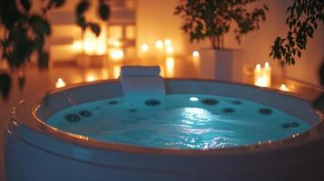 A hot tub with candles lit up in the middle of a room photo
