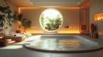 A spa with a circular window and a pool photo