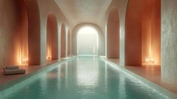 A long pool in a building with pillars and candles photo