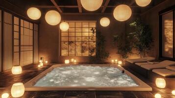 A jacuzzi tub in a room with candles and lanterns photo