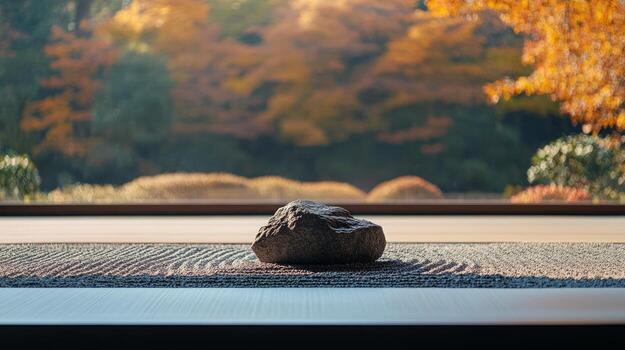 A rock sits on a table in front of a window photo