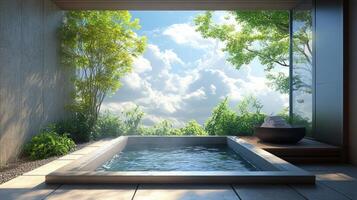 A modern bathroom with a large tub and a view of the sky photo