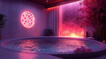 A spa room with a large round pool and a pink light photo