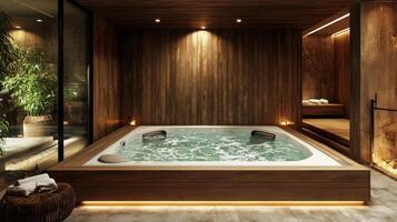 A spa tub in a modern bathroom with wood walls photo
