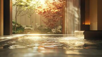 A water fountain in a room with a view of a garden photo