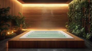 A spa tub in a room with plants and wood walls photo
