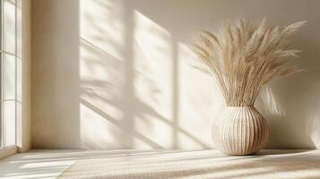 A vase with some grass in front of a window photo