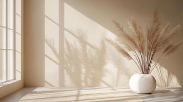 A vase with some grass in front of a window photo