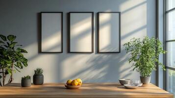 Three framed posters on a wall in front of a table photo