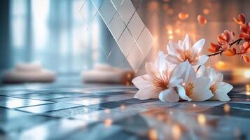 A flower is placed on a table in front of a room photo