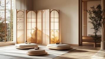 A room with a large window and a wooden screen photo