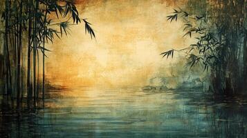 An artistic painting of bamboo trees and water photo