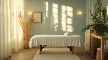 A spa room with a massage table and plants photo