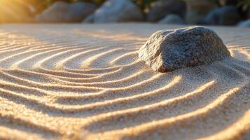 A rock in the sand with a circle of sand photo