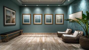 A room with blue walls and a bench photo
