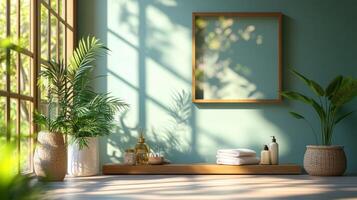 A bathroom with a window and a shelf with towels photo