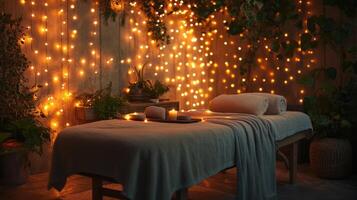 A massage table with candles and plants in the background photo