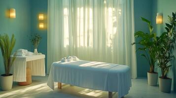 A spa room with white towels and plants photo